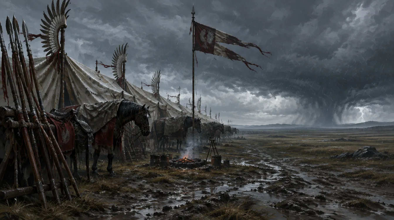 Kemah Ninth Banner di padang basah, tenda dan rangka sayap bersandar, panji koyak di tiang, badai di cakrawala