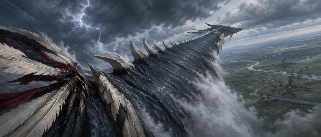 Punggung leviathan bergerigi pelat tulang melengkung ke kejauhan, padang dan sungai jauh di bawah awan